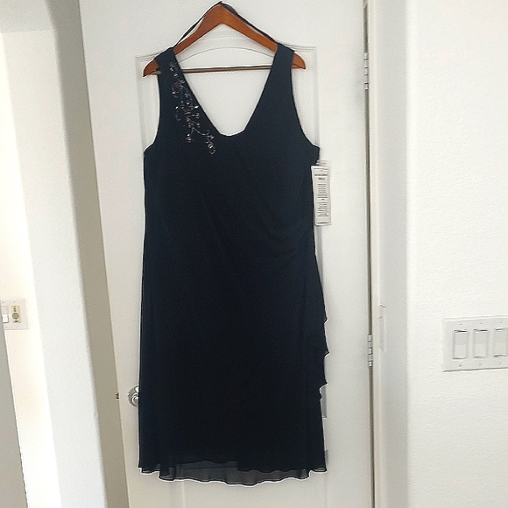 New Jessica London Black Sleeveless Chiffon Formal Midi Below Knee Dress 26W